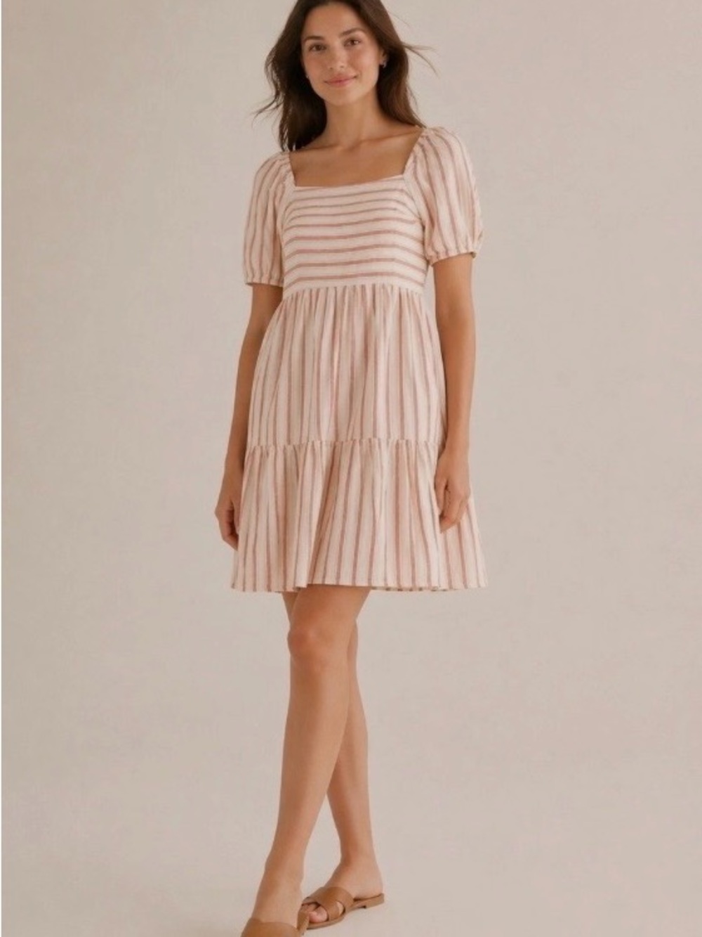LOFT, Striped Square Neck Pink Stripe Tiered Mini Dress, Size 6